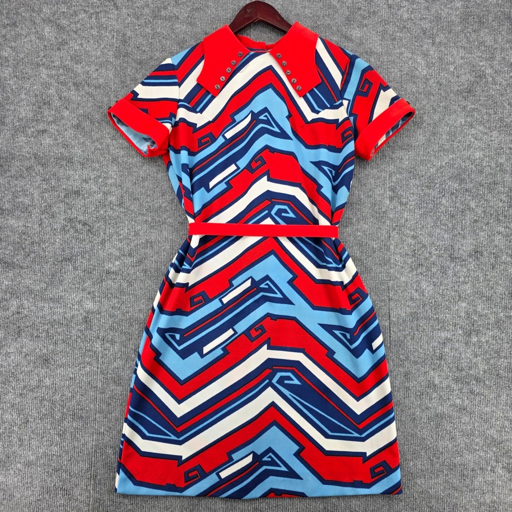 Vintage 60s Mod Style Geometric Chevron Shift Dress Red Blue White Belted Knee